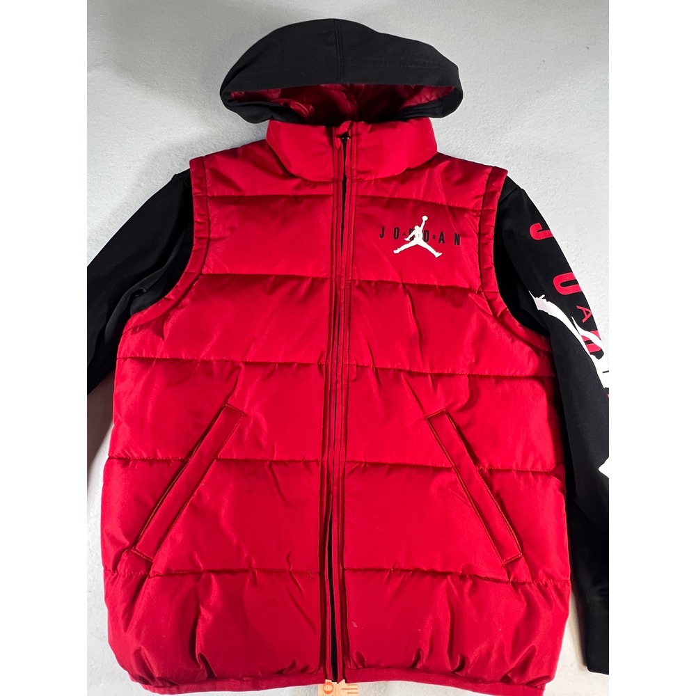 Jordan Therma-FIT Red Black Hooded Puffer Vest Jacket Kids Medium 10-12Y